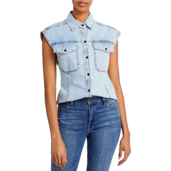 FRAME Arie Womens Denim Front Pocket Button-Down Top - NWT - Size XS - Picture 1 of 4